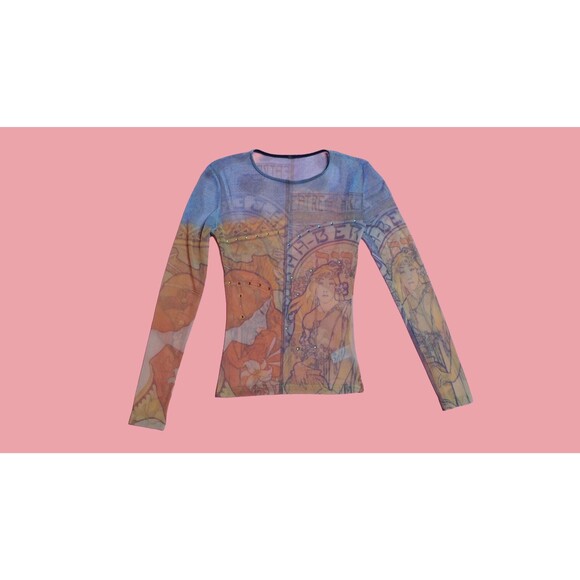 Y2K ALPHONSE MUCHA Art NOUVEAU Print Mesh Long Sleeve Blouse W/Rhinestones. XS-S - Picture 2 of 16